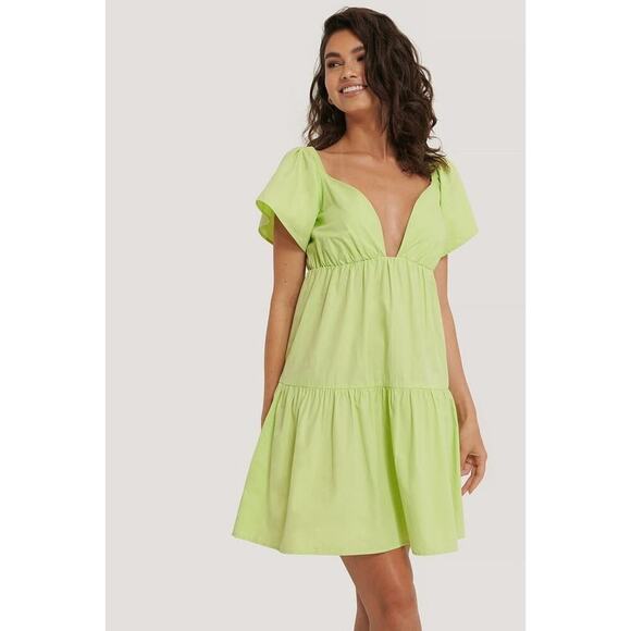 Manon Tilstra x NA-KD Flounce Shoulder Babydoll Mini Dress Green Women’s Large - Picture 1 of 8